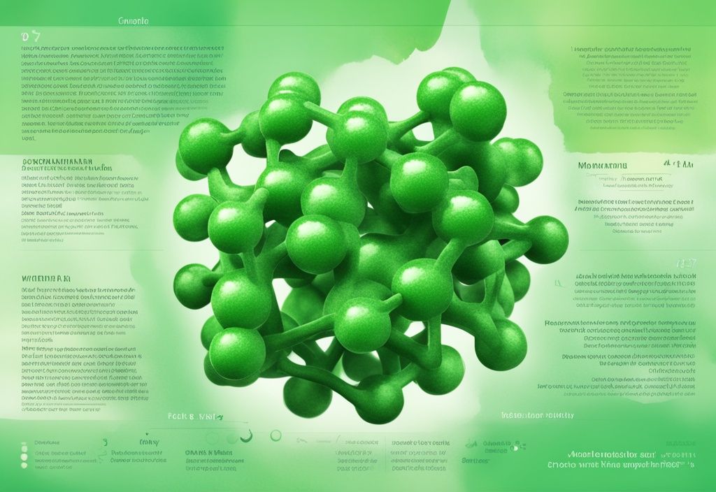 Illustrazione moderna ad acquerello della struttura molecolare 3D dell'astaxantina con proprietà chiave evidenziate in testo audace, colore principale verde.