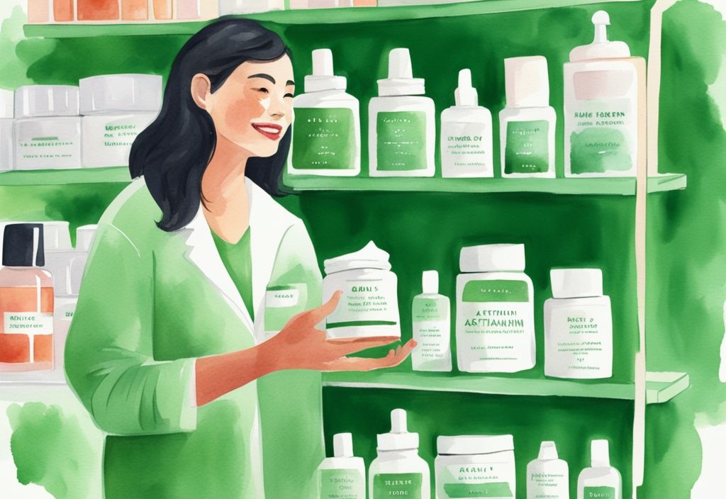 Illustrazione moderna ad acquerello di un farmacista che tiene un barattolo di crema viso all'astaxantina, con scaffali di prodotti per la cura della pelle sullo sfondo.