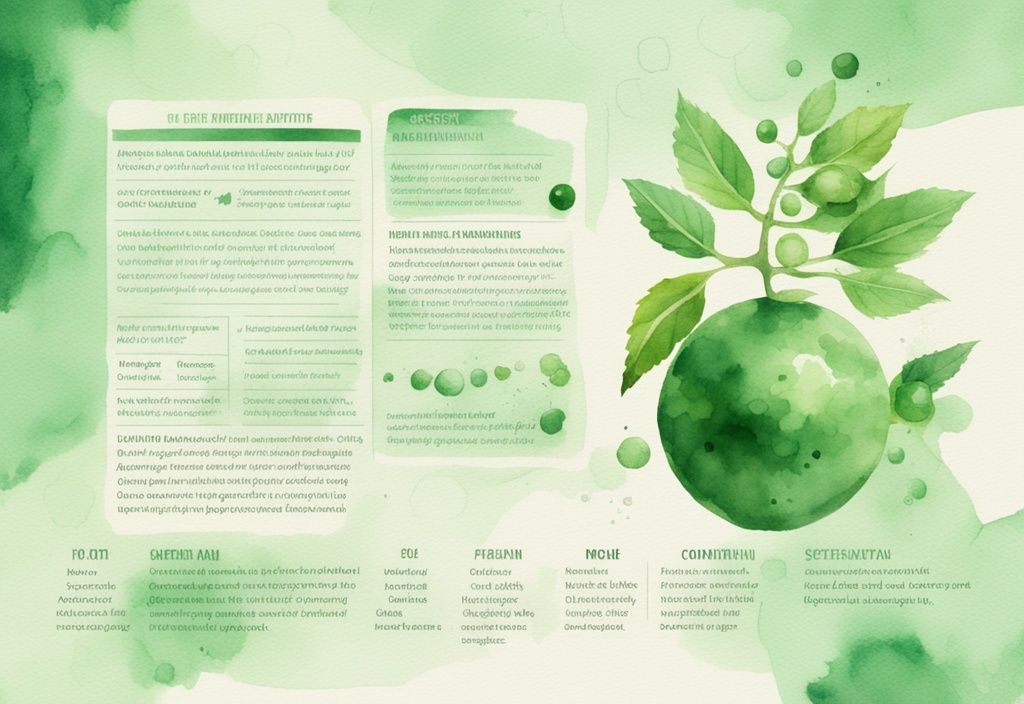 Illustrazione moderna ad acquerello verde di una molecola di astaxantina con proprietà benefiche e controindicazioni su sfondo a tema medico.