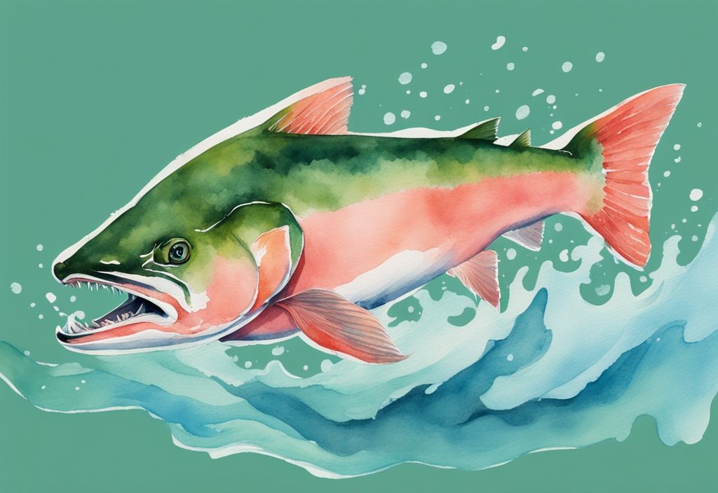 Illustrazione moderna ad acquerello di un salmone vibrante che salta fuori dall'acqua limpida, con una tonalità rosa nella carne, segno della presenza di astaxantina, tema principale verde.