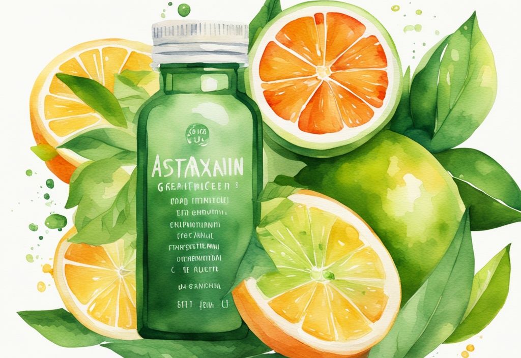 Illustrazione moderna ad acquerello con astaxantina e vitamina C, integratori e agrumi freschi su sfondo bianco pulito.