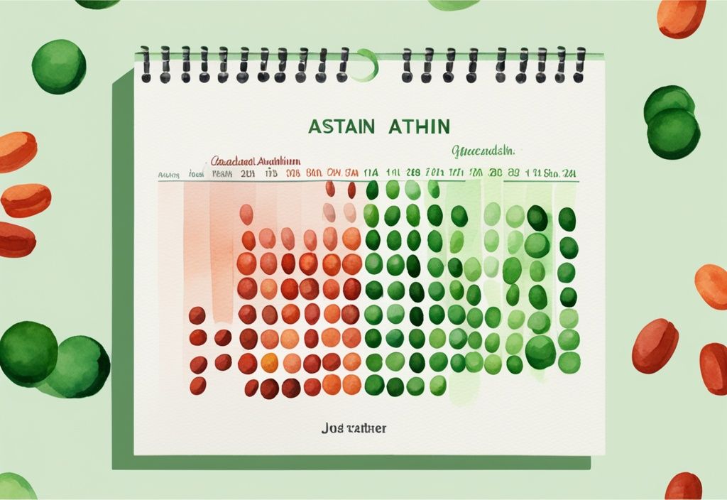 Illustrazione moderna ad acquerello verde con calendario e pillole di Astaxantina su varie date, indicando la durata dell'assunzione.