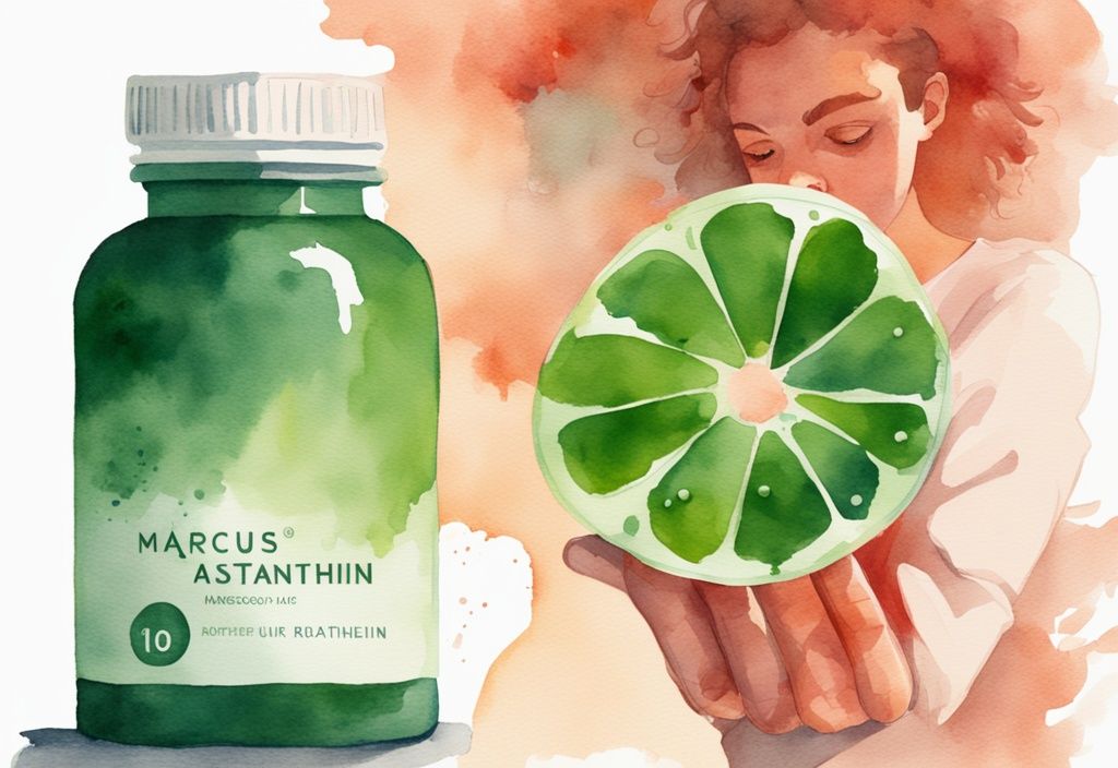 Illustrazione moderna ad acquerello con tema principale verde, bottiglia di integratore Marcus Rohrer's Astaxanthin in primo piano e persona radiosa e sana sullo sfondo.