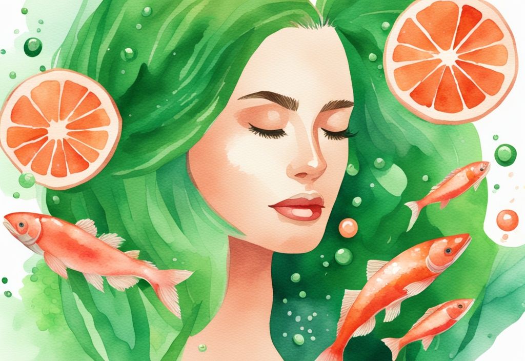 Illustrazione moderna ad acquerello con tema verde, capelli sani e luminosi circondati da capsule di astaxantina e salmone, fonti di astaxantina.