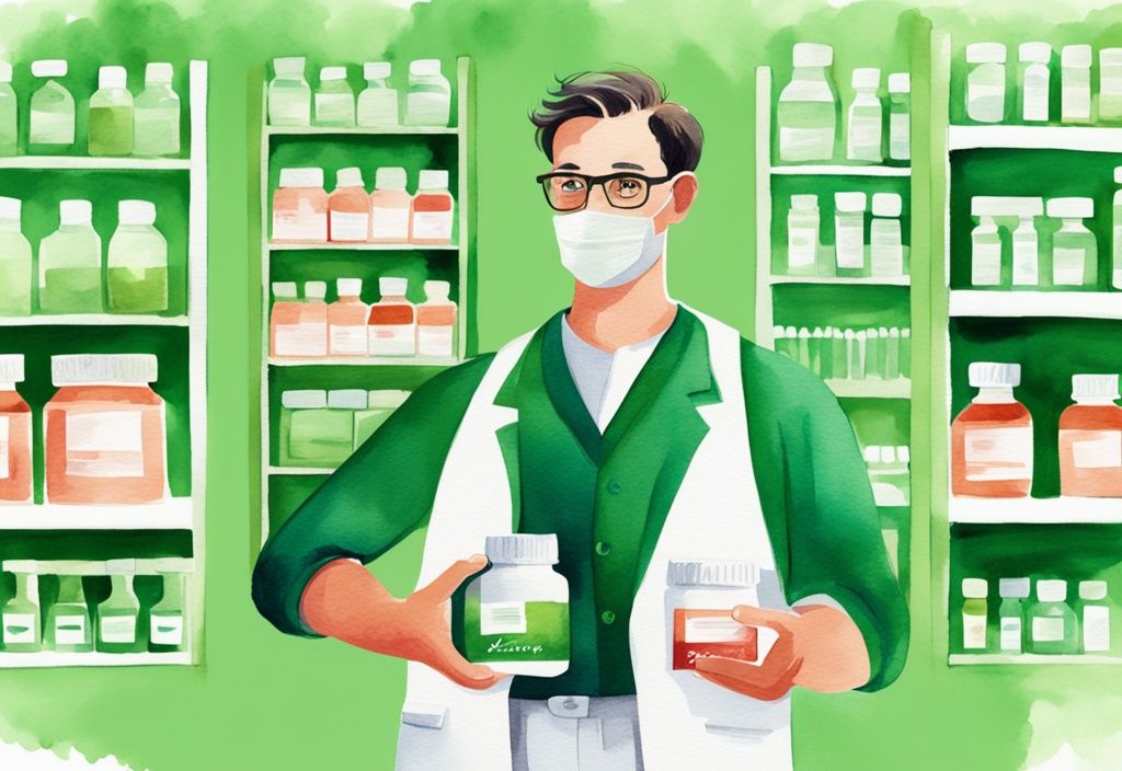 Illustrazione moderna ad acquerello di un farmacista che tiene una bottiglia di integratore di astaxantina con sfondo di farmacia.