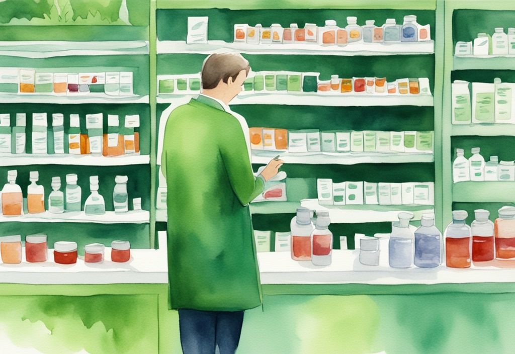 Illustrazione moderna ad acquerello di una farmacia con scaffale che espone integratori di Astaxantina, farmacista che offre consulenza a un cliente.