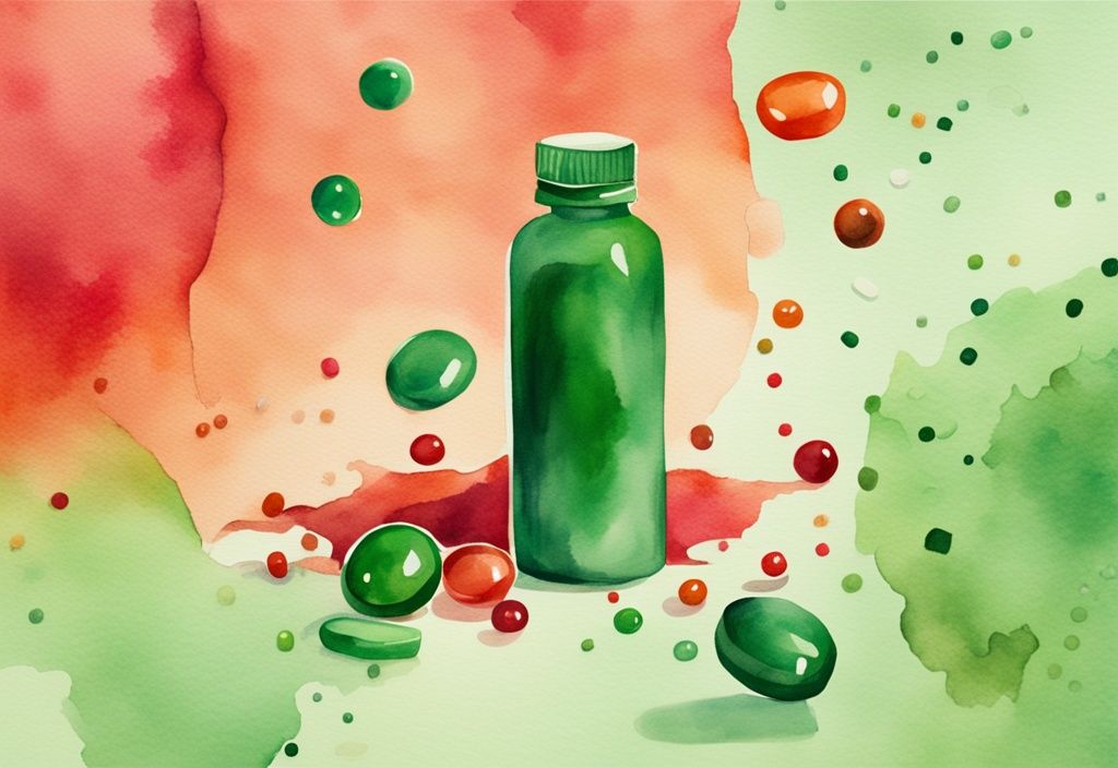 Illustrazione moderna ad acquerello di una bottiglia di integratore Solgar Astaxantina con capsule sparse su sfondo astratto verde.