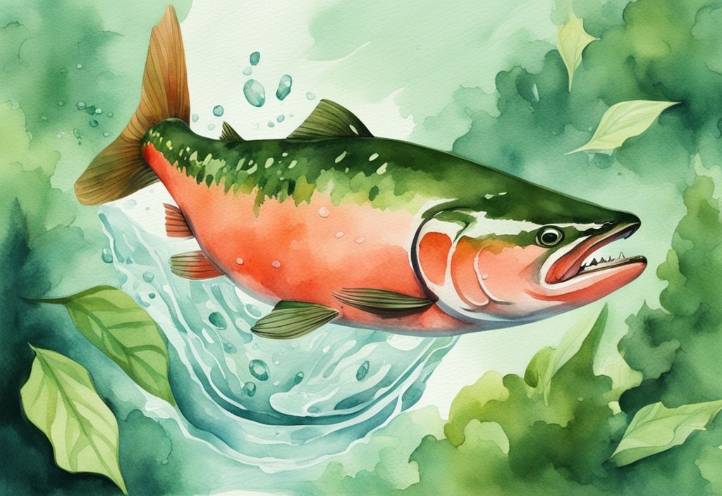 Illustrazione moderna ad acquerello di un salmone vibrante che salta fuori da un ruscello cristallino con uno sfondo di vegetazione rigogliosa, simbolo del suo ricco contenuto di astaxantina.