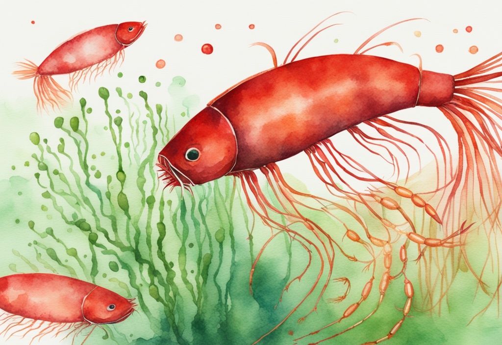 Illustrazione moderna ad acquerello con krill rosso vibrante, salmone, gamberetti e microalghe, rappresentanti le fonti naturali di antiossidante Astaxantina