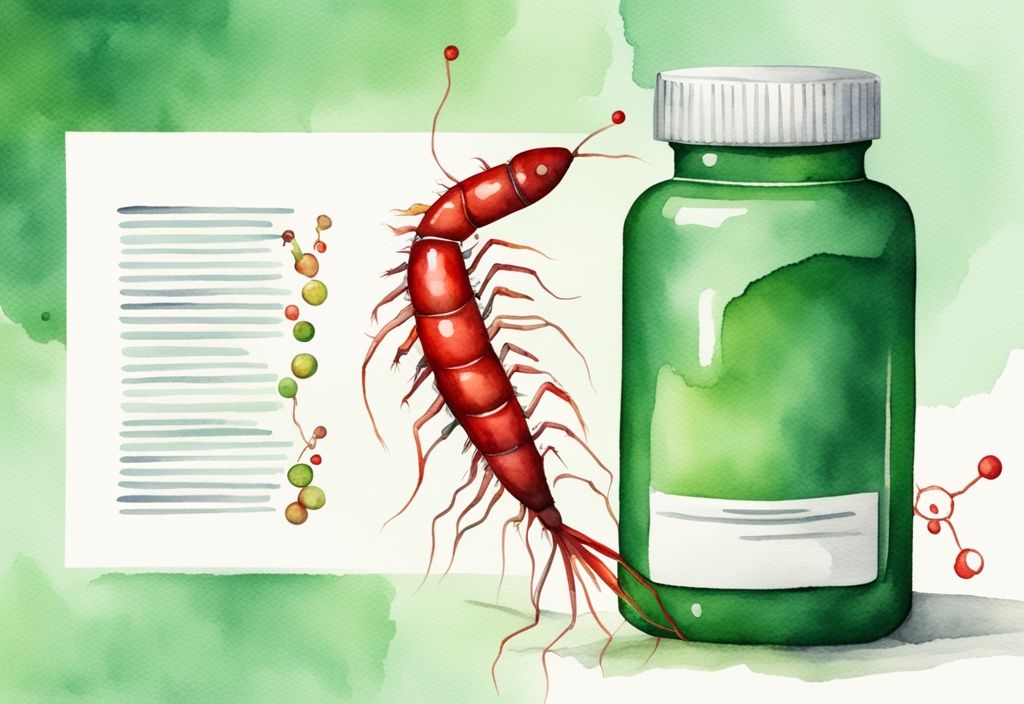 Illustrazione moderna ad acquerello con tema verde, capsula di olio di krill rosso vibrante accanto a una molecola di colesterolo su sfondo medico pulito.