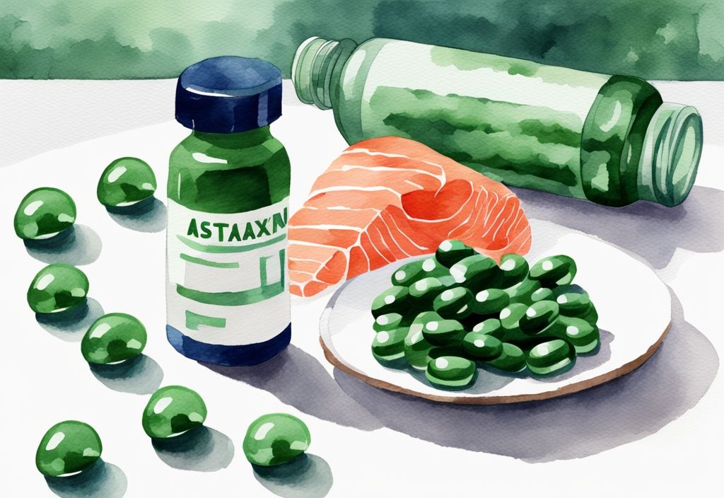 Illustrazione moderna ad acquerello di capsule di integratore di astaxantina su superficie bianca con bicchiere d'acqua e salmone fresco sullo sfondo.