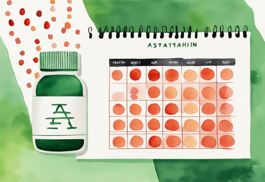 Illustrazione moderna ad acquerello con tema verde, calendario con giorni segnati accanto a una bottiglia di integratori di Astaxantina, indicando astaxantina per quanto tempo assumerla.