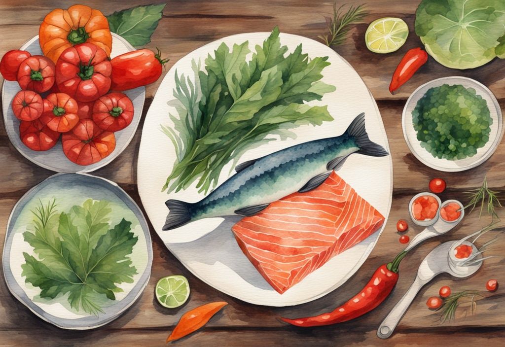 Illustrazione moderna ad acquerello con tema verde, che mostra alimenti ricchi di astaxantina come salmone, gamberi e peperoni rossi su un tavolo rustico di legno.