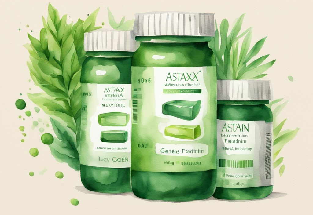 Illustrazione moderna ad acquerello con tema verde, mostra una varietà di integratori di astaxantina con nomi di marca e valutazioni visibili su sfondo luminoso e pulito, astaxantina recensioni.