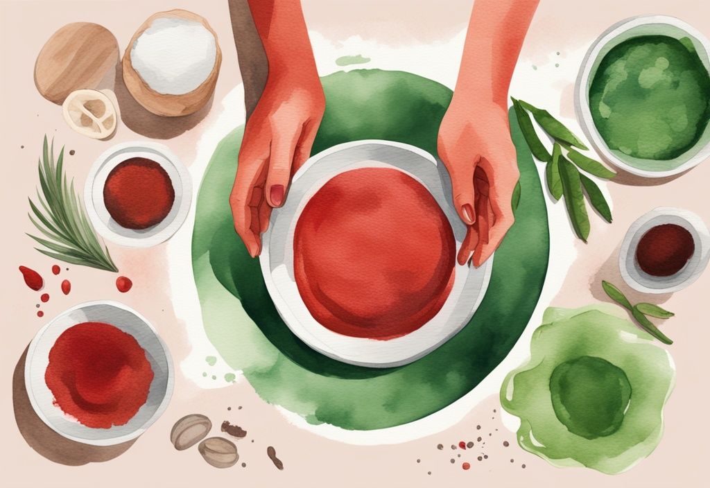 Illustrazione moderna ad acquerello con mani che mescolano polvere di astaxantina rossa in una base cremosa, ingredienti naturali come olio di cocco e aloe vera sullo sfondo, tema principale verde.