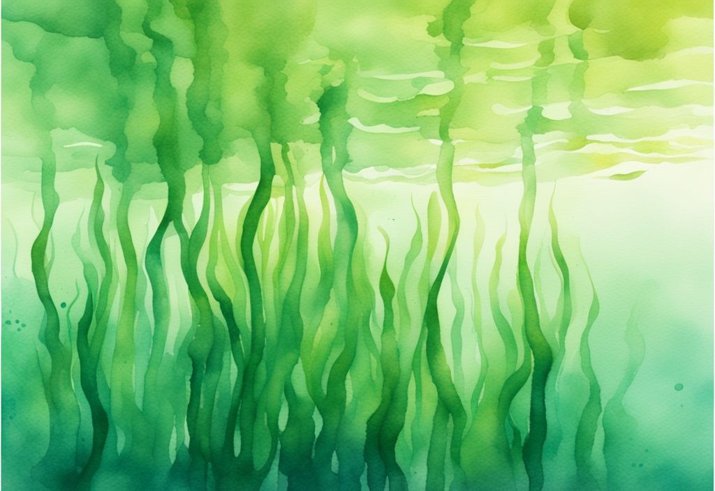 Illustrazione moderna ad acquerello di alghe ricche di astaxantina naturale in un corpo d'acqua incontaminato sotto la luce del sole.