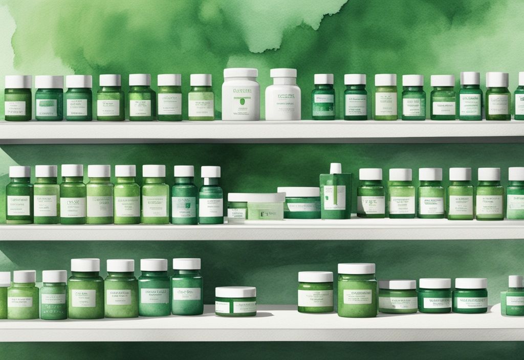 Illustrazione moderna ad acquerello verde con varietà di creme astaxantina top-rated su uno scaffale di farmacia ben illuminato, con la migliore crema astaxantina in farmacia in posizione centrale.