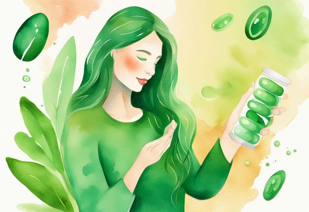 Illustrazione moderna ad acquerello di una donna con capelli lunghi e splendenti che tiene una capsula di astaxantina, con un bagliore sottile che suggerisce i benefici per la salute dei capelli, tema principale verde.