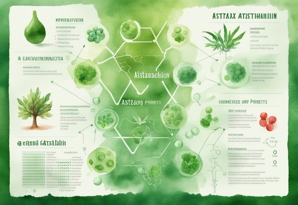 Illustrazione moderna ad acquerello verde che mostra la struttura molecolare dell'astaxantina con simboli delle proprietà e controindicazioni dell'astaxantina.