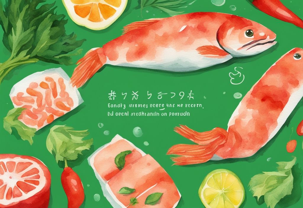 Illustrazione moderna ad acquerello con tema verde, occhi sani e vibranti circondati da cibi ricchi di astaxantina come salmone, gamberi e peperoni rossi.