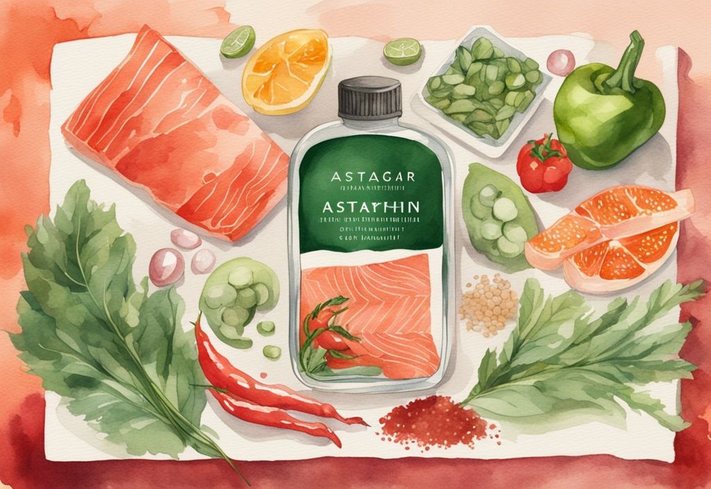 Illustrazione moderna ad acquerello di una bottiglia di integratore Solgar Astaxanthin circondata da alimenti ricchi di astaxantina come salmone, gamberetti e peperoni rossi, con sfondo che suggerisce benefici per la salute.