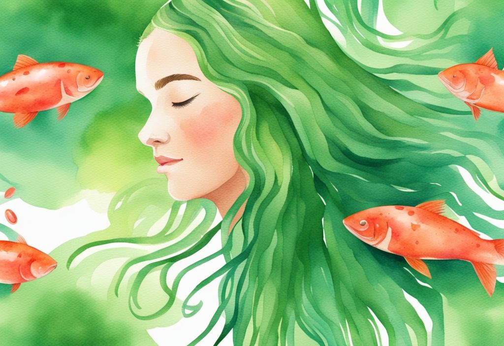 Illustrazione moderna ad acquerello con tema verde, capelli sani e luminosi, circondati da capsule di astaxantina e salmone, fonti di astaxantina.