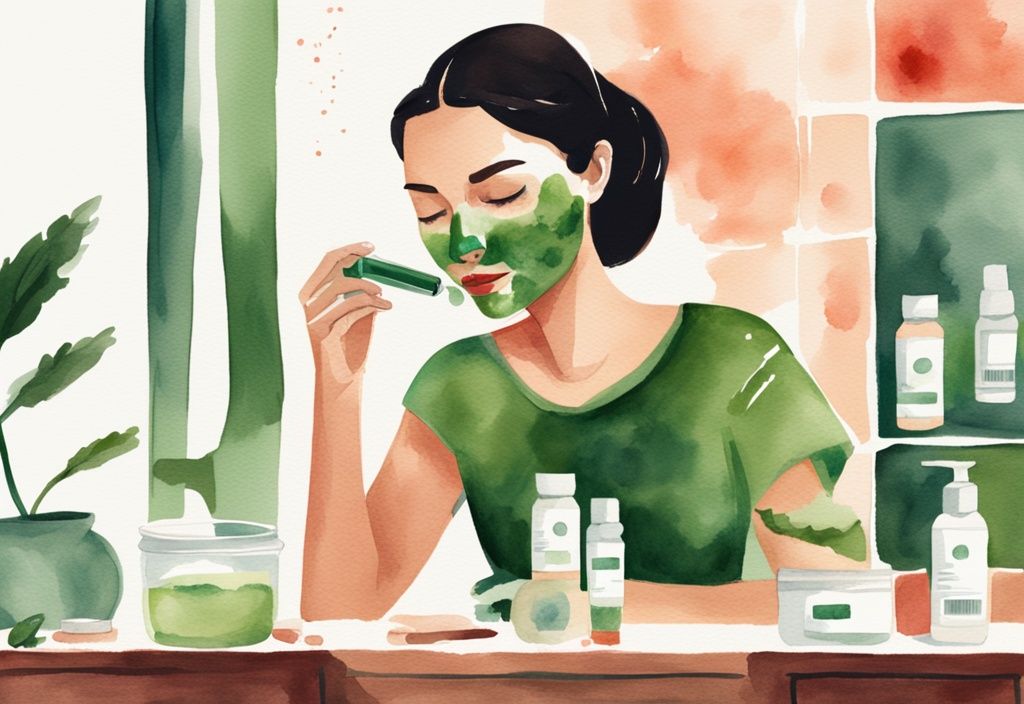 Illustrazione moderna ad acquerello di una donna che applica una crema con Astaxantina al viso, con una bottiglia di integratore di Astaxantina e un bicchiere d'acqua sullo sfondo, tema principale verde.