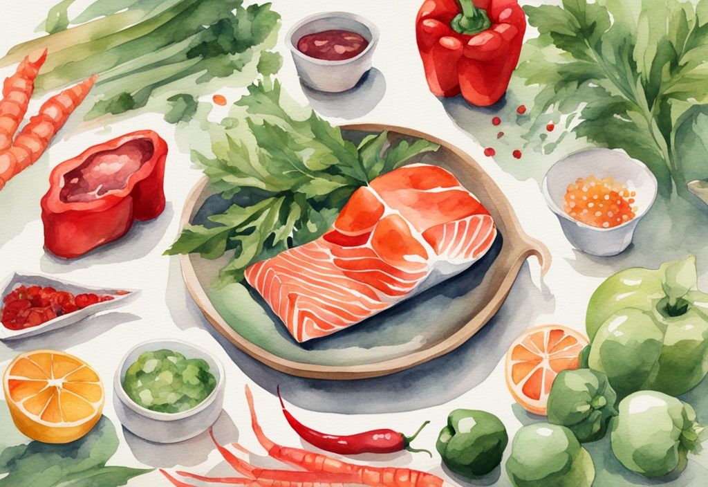 Illustrazione moderna ad acquerello con tema principale verde, con alimenti ricchi di astaxantina come salmone, gamberi e peperoni rossi disposti esteticamente.