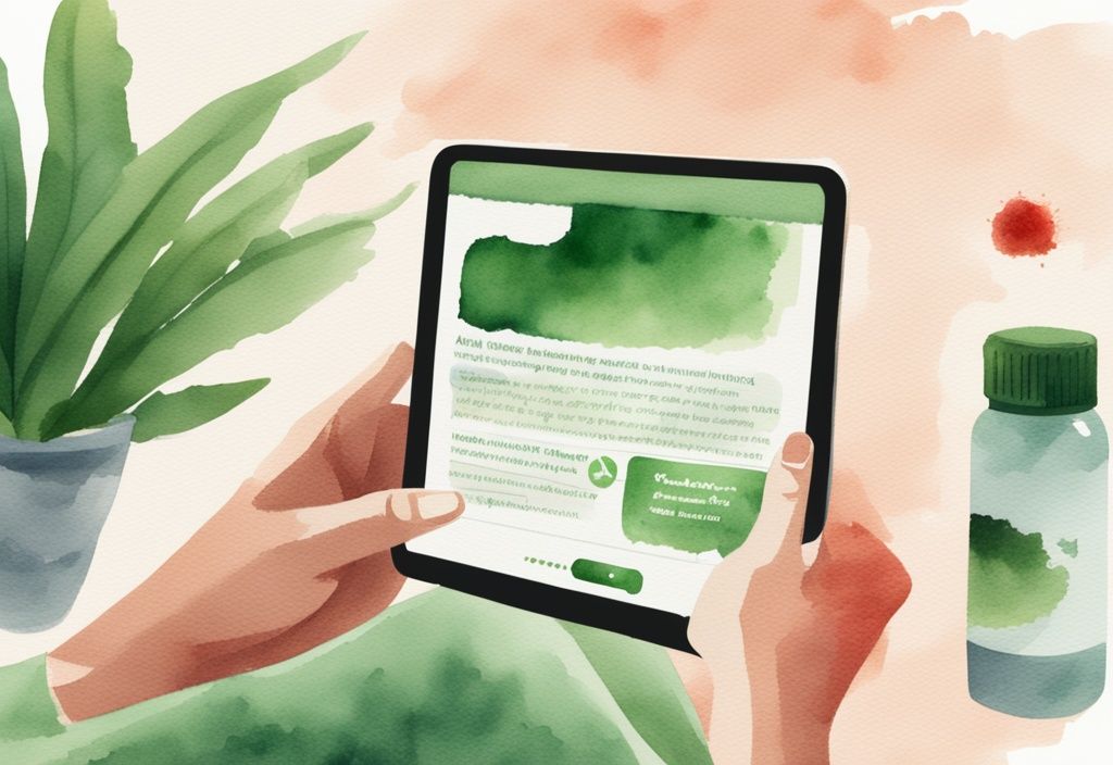 Illustrazione moderna ad acquerello con tema verde, persona che legge opinioni su astaxantina su tablet, bottiglia di integratore di astaxantina in primo piano.