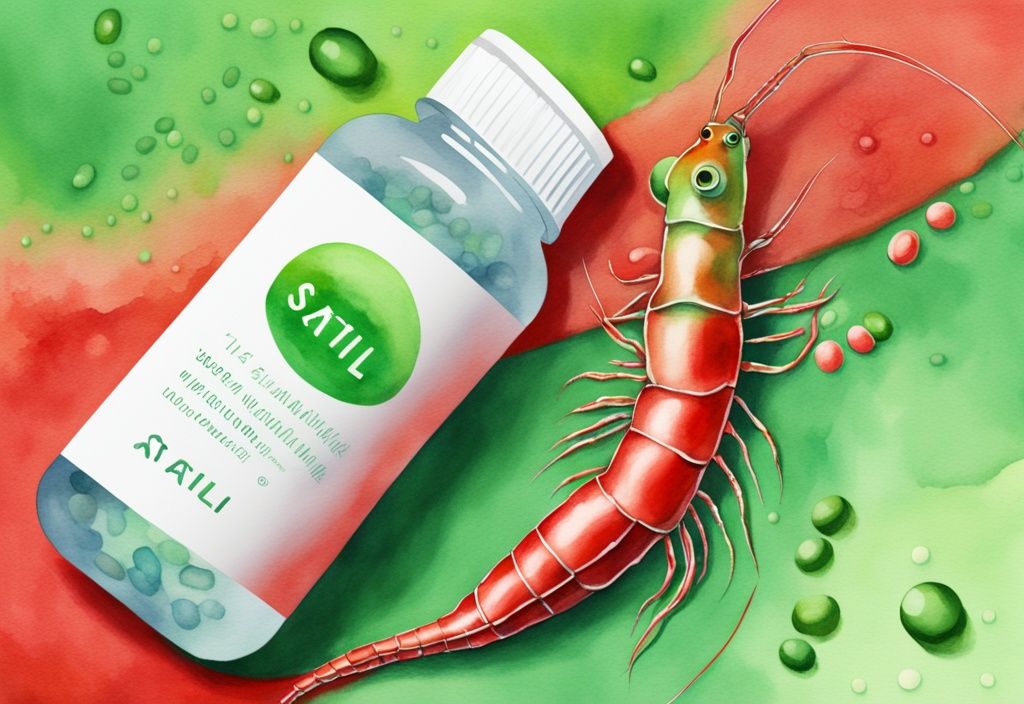 Illustrazione moderna ad acquerello con krill rosso vibrante, struttura molecolare di Astaxantina e flacone di pillole etichettato "statina" sullo sfondo, tema principale verde.