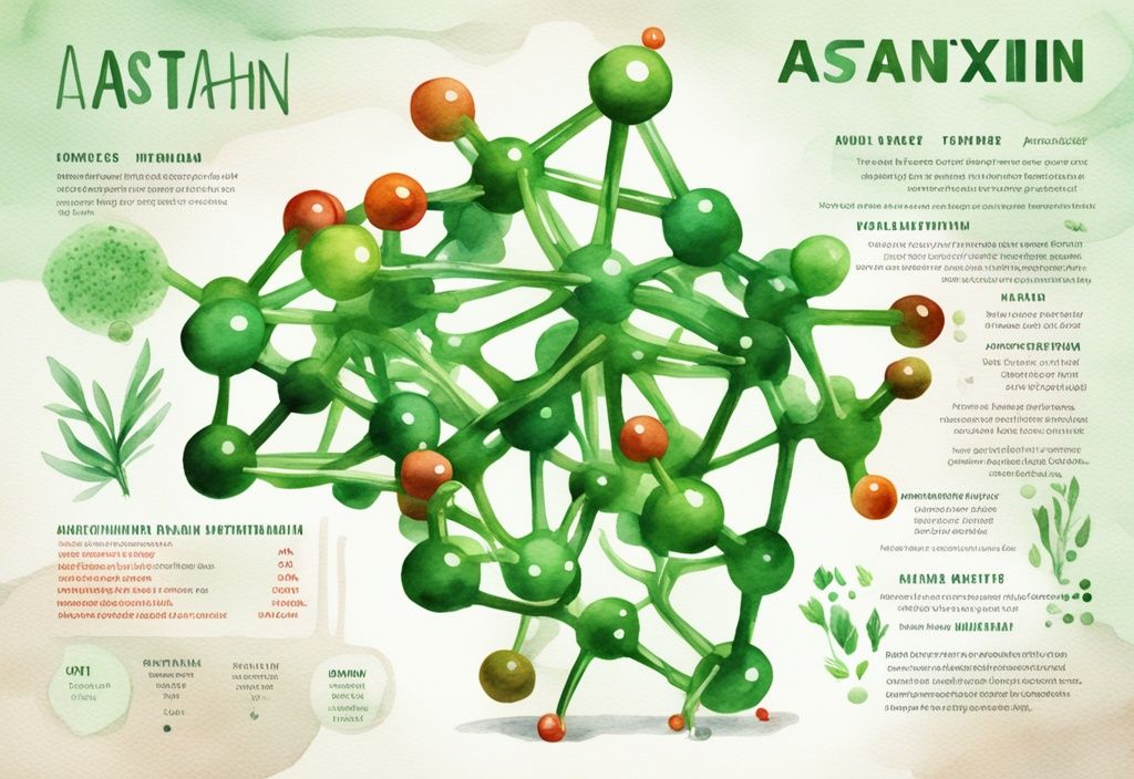 Illustrazione moderna ad acquerello di una struttura molecolare 3D di astaxantina con testo in grassetto che evidenzia le sue proprietà chiave, tema colore verde.