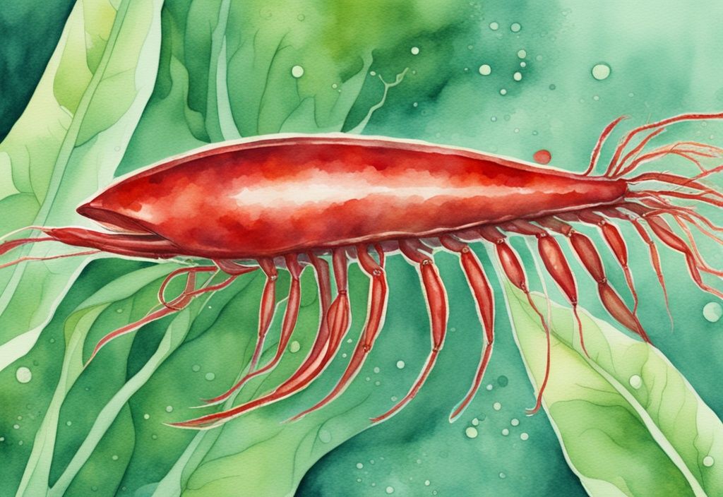 Illustrazione moderna ad acquerello con tema verde, raffigurante un krill rosso vivo con vista ingrandita del corpo che rivela una rappresentazione simbolica dell'astaxantina antiossidante luminosa.