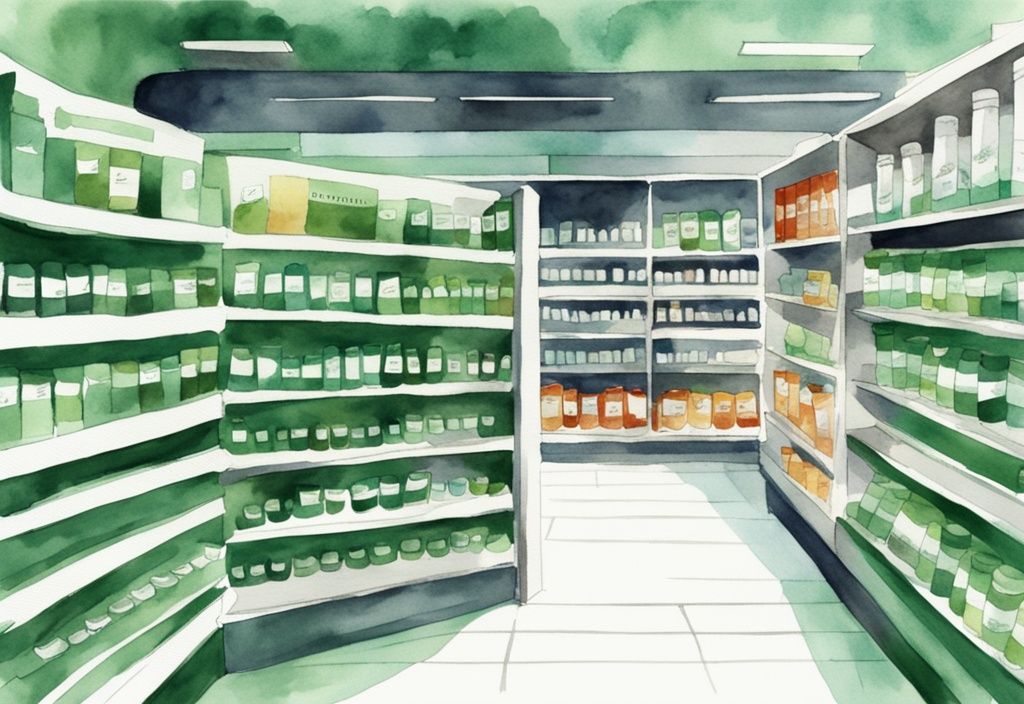 Illustrazione moderna ad acquerello di una farmacia con tema verde, con un'esposizione prominente di integratori di astaxantina sugli scaffali.