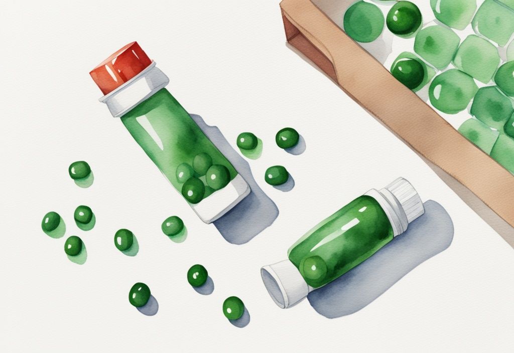 Illustrazione moderna ad acquerello con capsule di astaxantina e una confezione di Eutirox su superficie bianca, tema colore verde, astaxantina è eutirox.