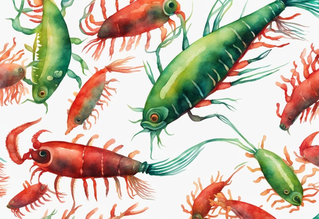 Illustrazione moderna ad acquerello con tema verde, raffigurante un krill rosso vivace con una vista ingrandita del corpo che mostra una rappresentazione simbolica luminosa dell'astaxantina antiossidante.