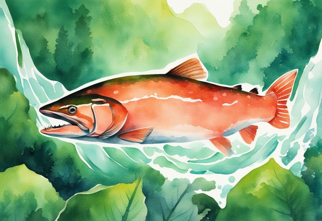 Illustrazione moderna ad acquerello di un salmone vibrante che salta da un ruscello cristallino con sfondo di vegetazione rigogliosa, simbolo del suo ricco contenuto di astaxantina.