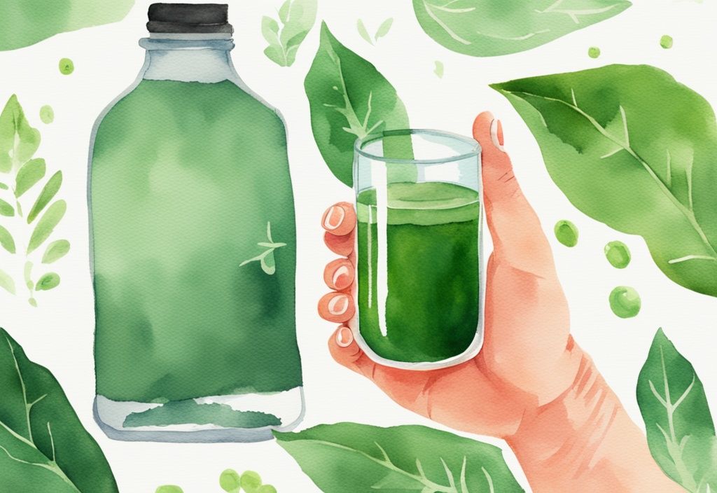 Illustrazione moderna ad acquerello con tema principale verde, mano che tiene una capsula di astaxantina, bicchiere d'acqua sullo sfondo.