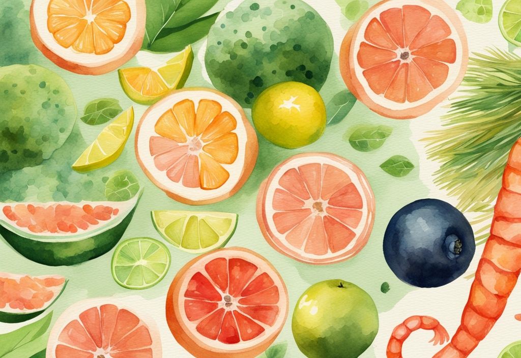 Illustrazione ad acquerello moderna di fonti naturali di Astaxantina e Vitamina C come salmone, gamberi e agrumi su sfondo chiaro.