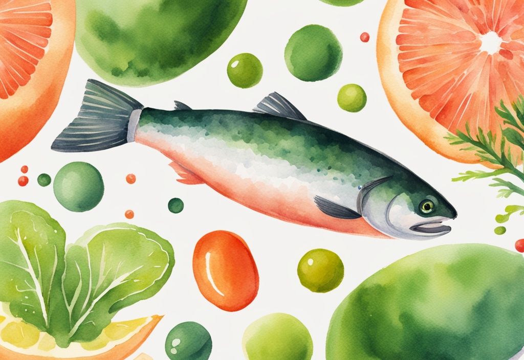 Illustrazione moderna ad acquerello con capsula di astaxantina pura su sfondo di cibi antiossidanti come salmone, gamberi e alghe.